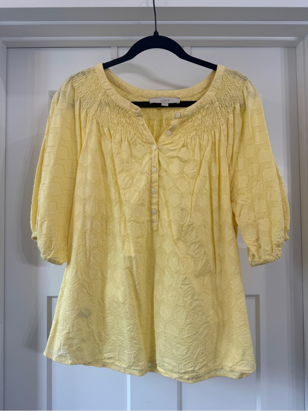 LOFT Soft Yellow Smocked Peasant Top